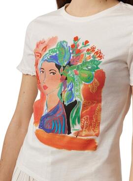 T-Shirt Naf Naf Zeichnung Blumen Weiss für Damen