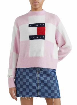 Pullover Tommy Jeans Checker Flag Rosa für Damen