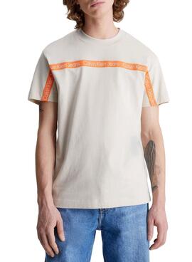 T-Shirt Calvin Klein Logo Tape Beige für Herren