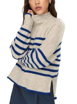 Pullover Only Fridi Beige Streifen Blau für Damen