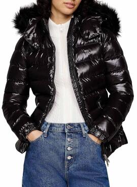 Jacke Tommy Jeans glänzend gesteppte schwarz mit Kapuze für damen
