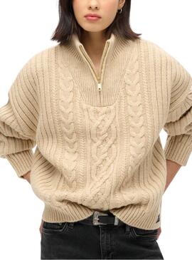 Pullover Superdry Cable Zip Beige für Frauen