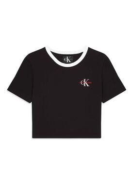 T-Shirt Calvin Klein Monogram Crop Schwarz Dam
