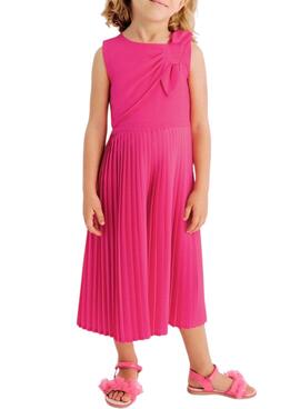 Langes plissiertes Mayoral-Kleid mit rosa Schleife für Mädchen.