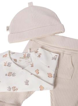 Drei-teiliges Set Mayoral: Strampelhose, Mütze in Beige für Babys.