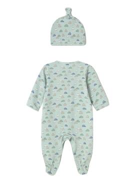 Langer Strampler von Mayoral mit grüner Mütze für Babys.