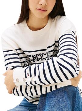 Tommy Jeans gestreifter Varsity-Pullover in Weiß und Blau für Damen