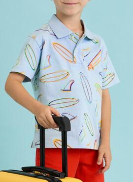 Polo Mayoral    mit himmelblauen bedruckten Tabellen.