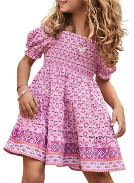 Kleid von Mayoral mit Bienenstockmuster für Mädchen.