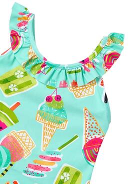 Badeanzug von Mayoral mit Eiscreme-Print und Rüschen für Mädchen.