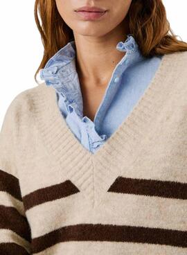 Pullover Pepe Jeans Cecil mit V-Ausschnitt und Streifenmuster für Damen.