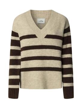 Pullover Pepe Jeans Cecil mit V-Ausschnitt und Streifenmuster für Damen.