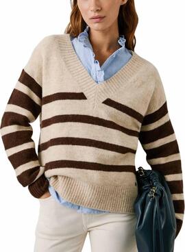 Pullover Pepe Jeans Cecil mit V-Ausschnitt und Streifenmuster für Damen.