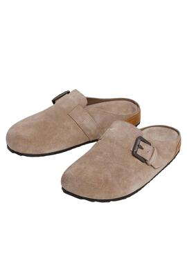 Pepe Jeans Holzclogs Corby aus beigem Veloursleder für Damen.
