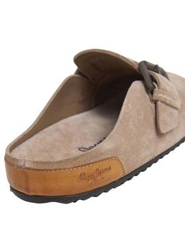 Pepe Jeans Holzclogs Corby aus beigem Veloursleder für Damen.