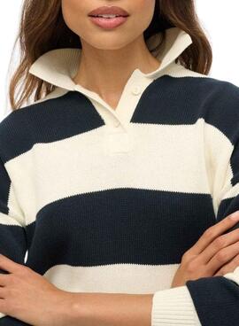 Superdry Slouchy Gestreiftes Rugby Pullover in Marineblau und Beige für Damen.