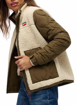 Superdry Fleece Hybrid Jacke in Beige und Grün für Damen