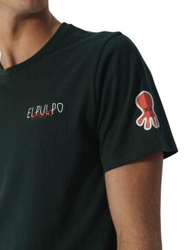 T-shirt El Pulpo grün mit dreifachem Logo für Herren
