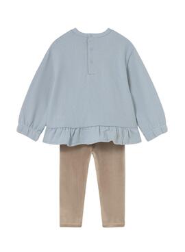 Set aus blauer und kamelfarbener Mayoral Sweatshirt und Leggings für Babys.