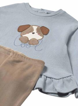 Set aus blauer und kamelfarbener Mayoral Sweatshirt und Leggings für Babys.