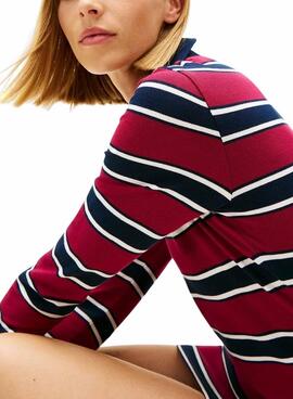 Kleid Tommy Jeans Polohemd Burgund Streifen für Damen.