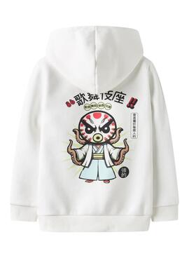 Sweatshirt Name It Kapuze Japanisches Zeichnung in gebrochenem Weiß für Jungen.