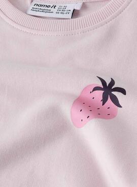 Pullover Name It Bissine mit hellem rosa Erdbeerendetail für Mädchen.
