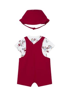 Set Mayoral mit rotem Latzhose, bedrucktem Shirt und Mütze für Babys.