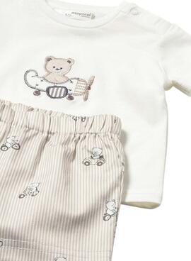 Set Mayoral T-Shirt mit Bär und gestreifter Shorts in Beige für Babys.