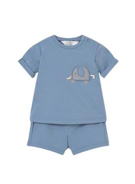 Set Mayoral zwei Elefanten-Looks in Blau und Beige für Babys.