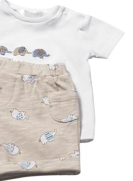 Set Mayoral zwei Elefanten-Looks in Blau und Beige für Babys.