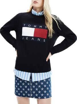 Sweatshirt Tommy Jeans Flag Crew Schwarz Damen