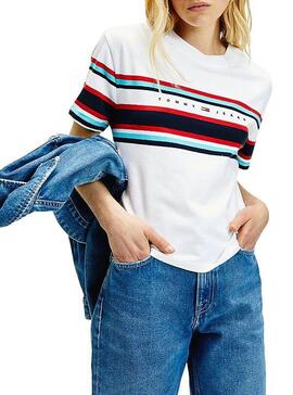 T-Shirt Tommy Jeans Streifen Logo Weiß Damen