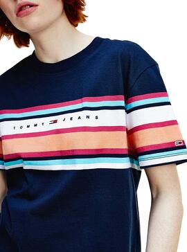 T-Shirt Tommy Jeans Stripe Logo Blau Damen