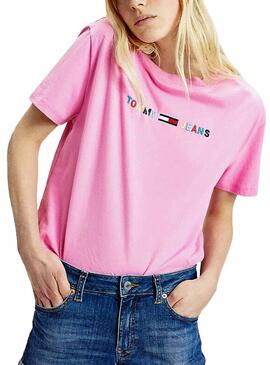 T-Shirt Tommy Jeans Colored Logo Rosa Damen