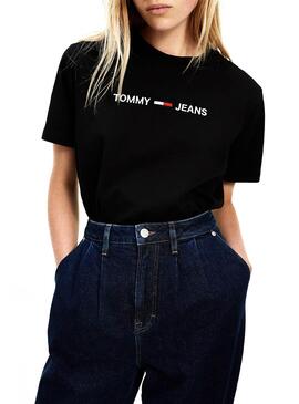 T-Shirt Lineares Logo von Tommy Jeans Schwarz für Damen