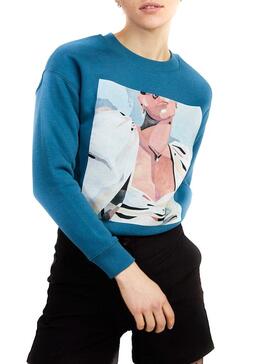Sweatshirt Naf Naf Plüsch Abbildung Blau für Damen